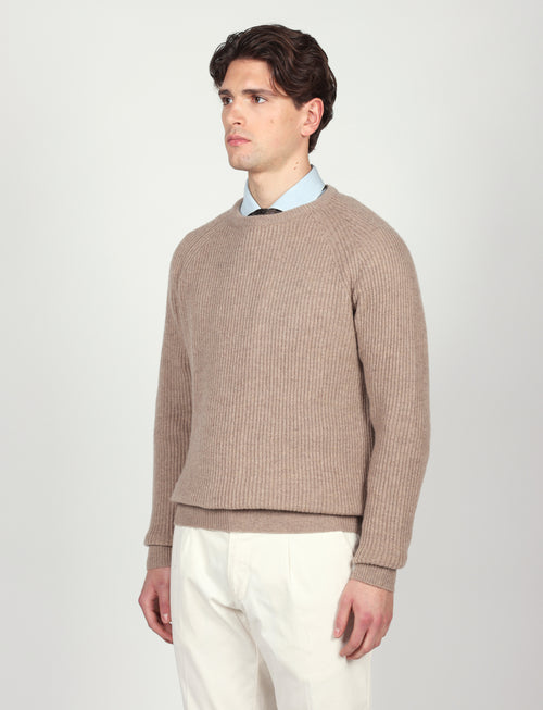 Maglia girocollo a coste inglesi in lana |Colore:Beige