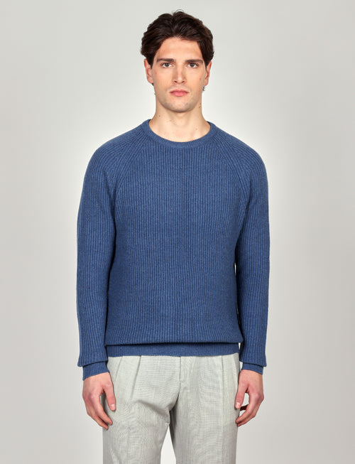 Maglia girocollo a coste inglesi in lana |Colore:Azzurro