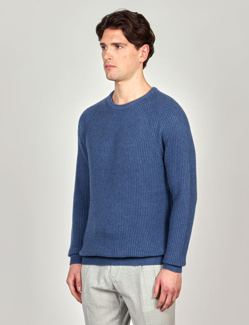 Maglia girocollo a coste inglesi in lana |Colore:Azzurro