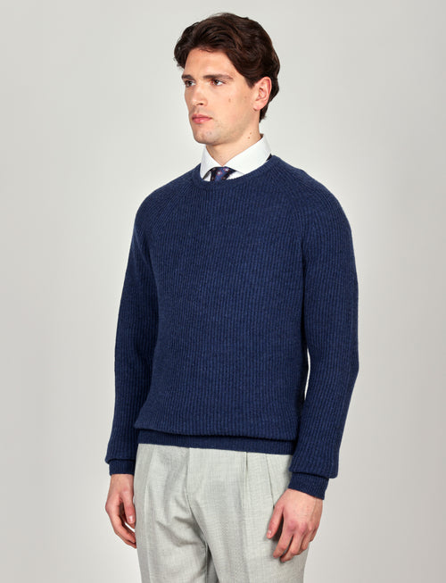 Maglia girocollo a coste inglesi in lana |Colore:Bluette