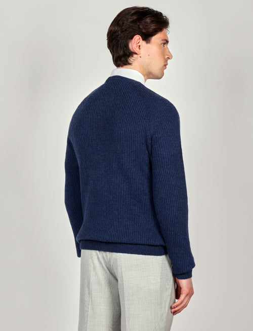 Maglia girocollo a coste inglesi in lana |Colore:Bluette