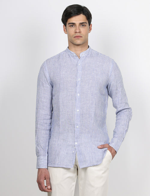 Camicia in lino collo alla coreana a righe_Luigi Fusaro