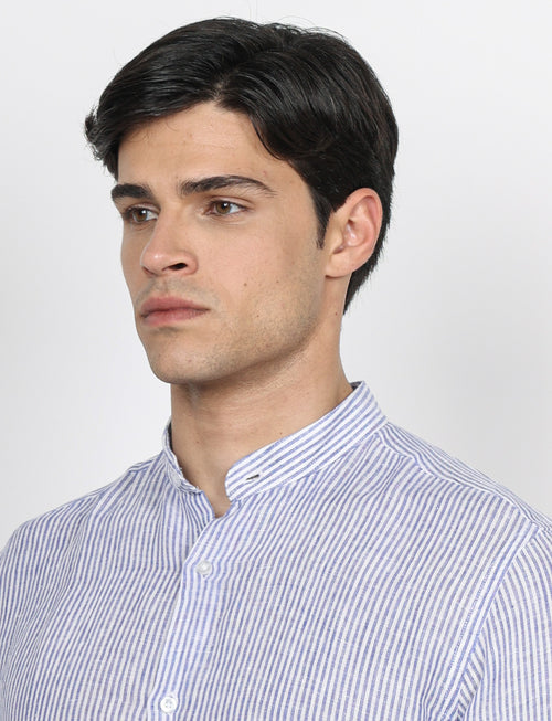 Camicia in lino collo alla coreana a righe_Luigi Fusaro