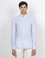 Camicia in lino collo alla coreana a righe|Colore:Azzurro