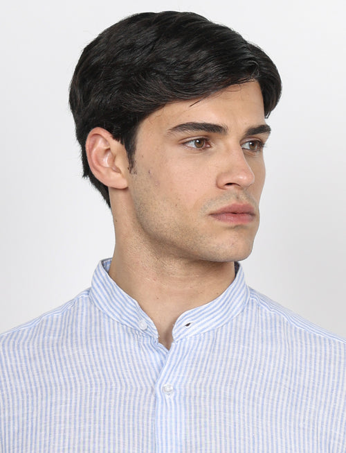 Camicia in lino collo alla coreana a righe|Colore:Azzurro