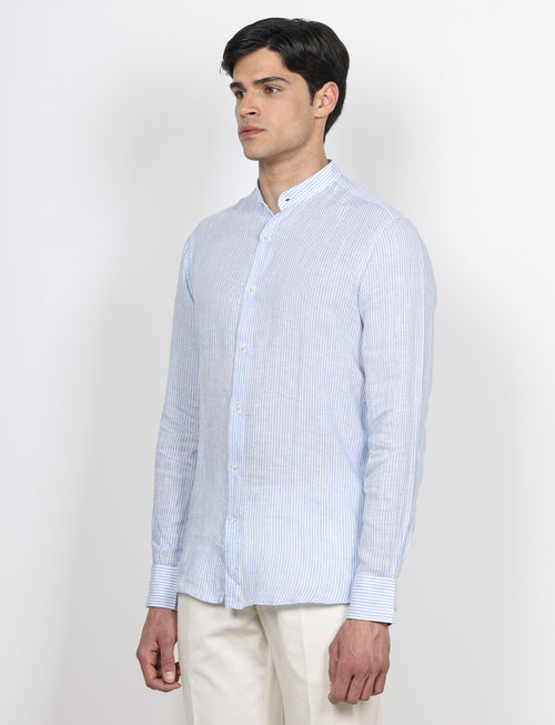 Camicia in lino collo alla coreana a righe|Colore:Azzurro
