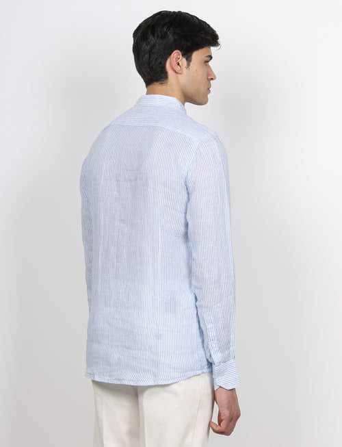 Camicia in lino collo alla coreana a righe|Colore:Azzurro