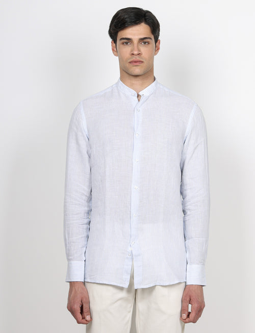 Camicia in lino collo alla coreana a righe|Colore:Celeste