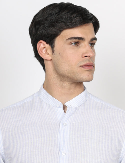 Camicia in lino collo alla coreana a righe|Colore:Celeste