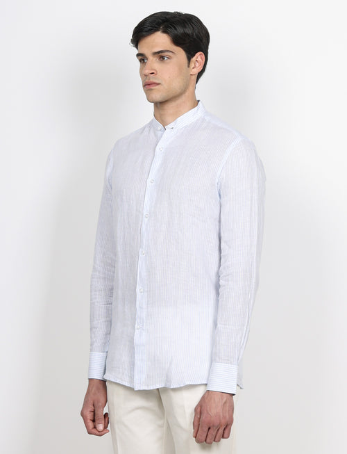 Camicia in lino collo alla coreana a righe|Colore:Celeste