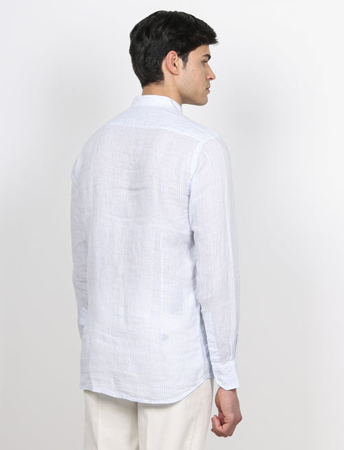 Camicia in lino collo alla coreana a righe|Colore:Celeste