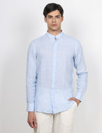 Camicia in lino a righe con collo coreano luigi fusaro