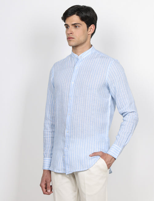 Camicia in lino a righe con collo coreano luigi fusaro