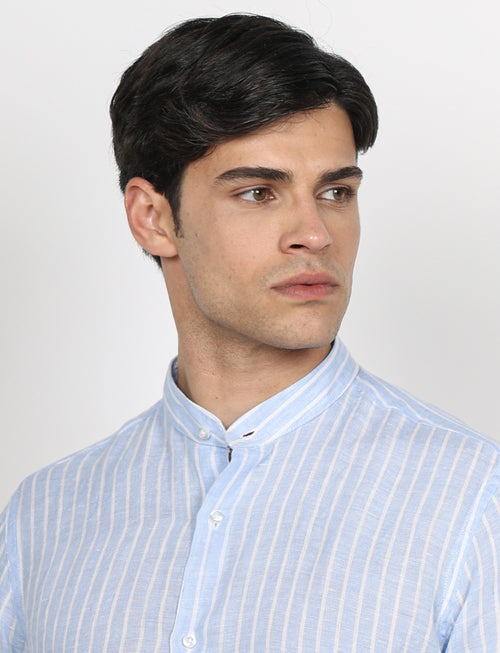 Camicia in lino a righe con collo coreano_Luigi Fusaro