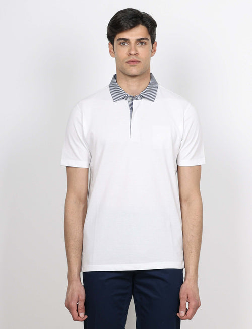 Polo in cotone con colletto goffrato a righe |Colore:Bianco
