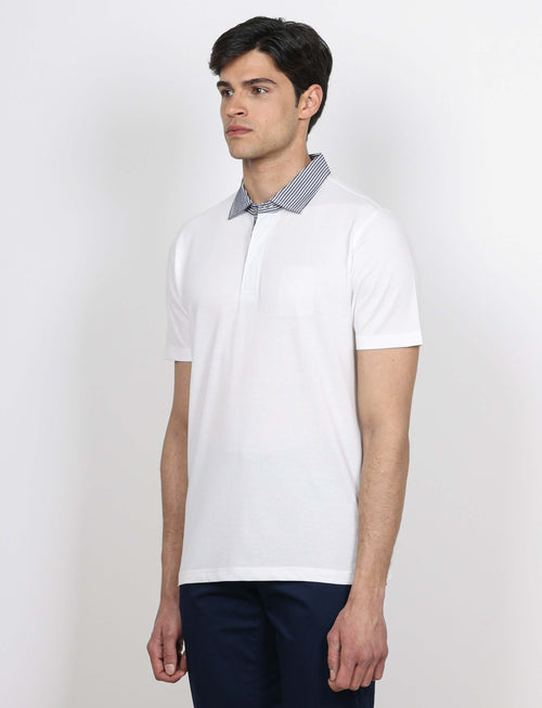 Polo in cotone con colletto goffrato a righe |Colore:Bianco
