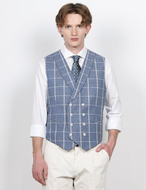Gilet doppiopetto check in lino e cotone