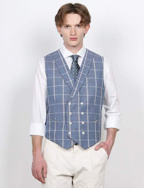 Gilet doppiopetto check in lino e cotone_Luigi Fusaro