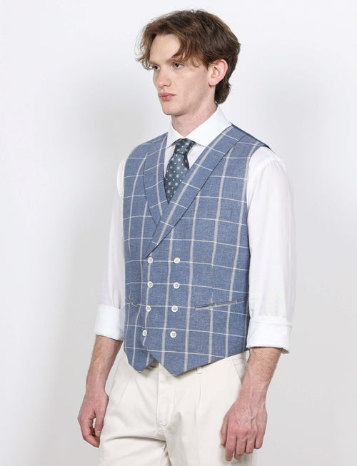 Gilet doppiopetto check in lino e cotone_Luigi Fusaro