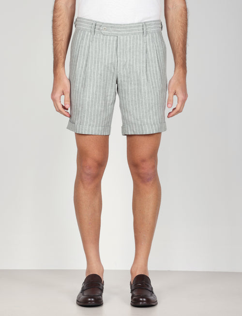 Bermuda a righe in lino e viscosa|Colore:Verde