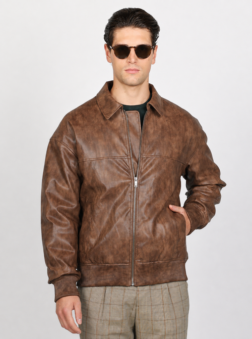 Bomber similpelle con zip |Colore:Moro