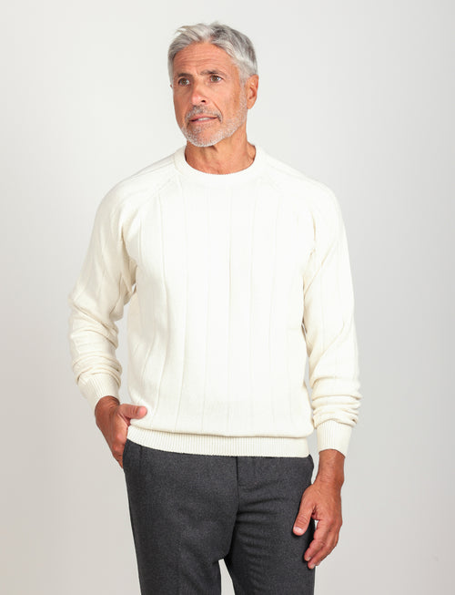 Maglia girocollo a coste in cotone e lana |Colore:Panna