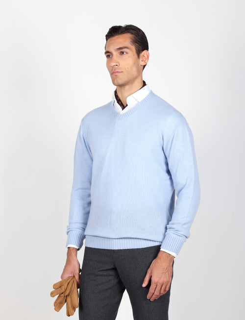 Maglia scollo a v in lambswool |Colore:Celeste