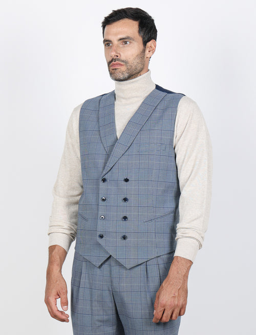 Gilet doppiopetto fantasia check |Colore:Avio
