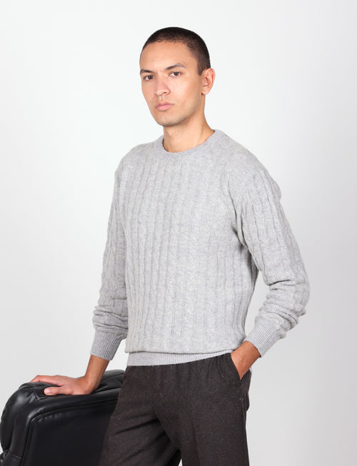 Maglia girocollo in lana lambswool a trecce |Colore:Grigio
