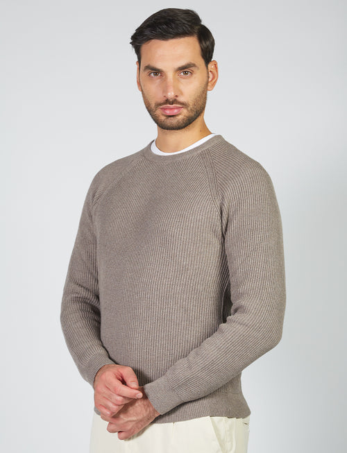 Maglia girocollo a coste inglesi in cotone e lana