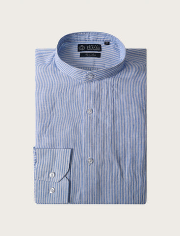 Camicia in lino collo alla coreana a righe