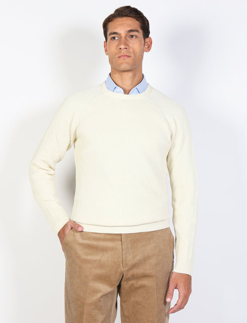 Maglia girocollo in cotone e lana a coste