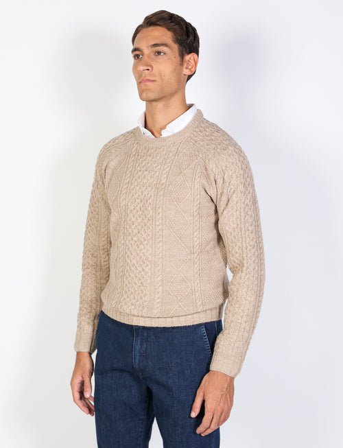 Maglia girocollo a rombi e trecce in lana