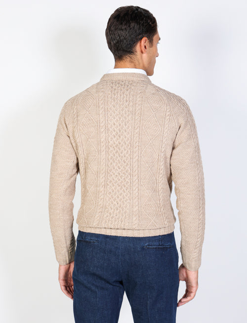 Maglia girocollo a rombi e trecce in lana