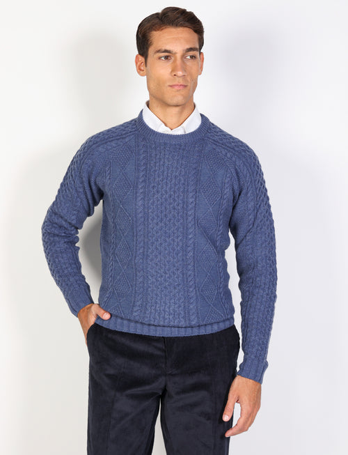 Maglia girocollo a rombi e trecce in lana
