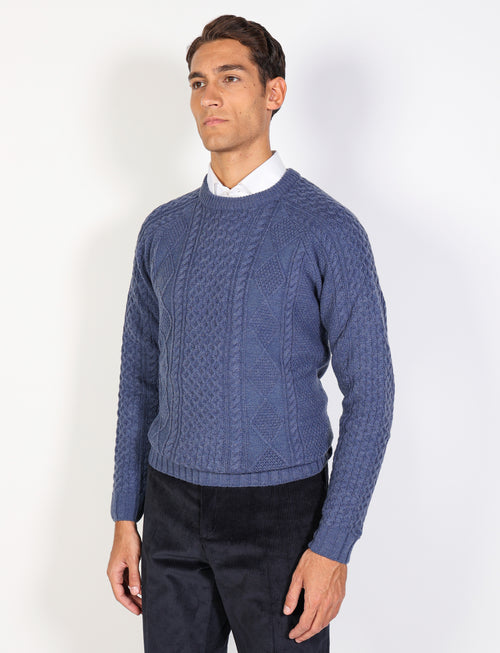 Maglia girocollo a rombi e trecce in lana
