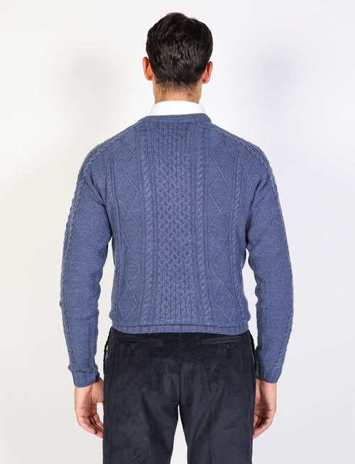 Maglia girocollo a rombi e trecce in lana