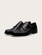 Scarpe doppia fibbia in pelle con tacco in cuoio