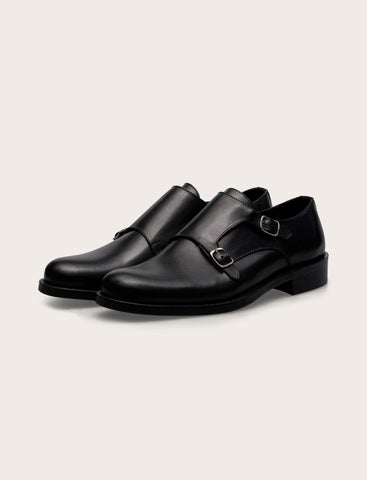 Scarpe doppia fibbia in pelle con tacco in cuoio