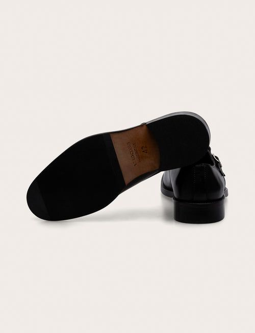 Scarpe doppia fibbia in pelle con tacco in cuoio