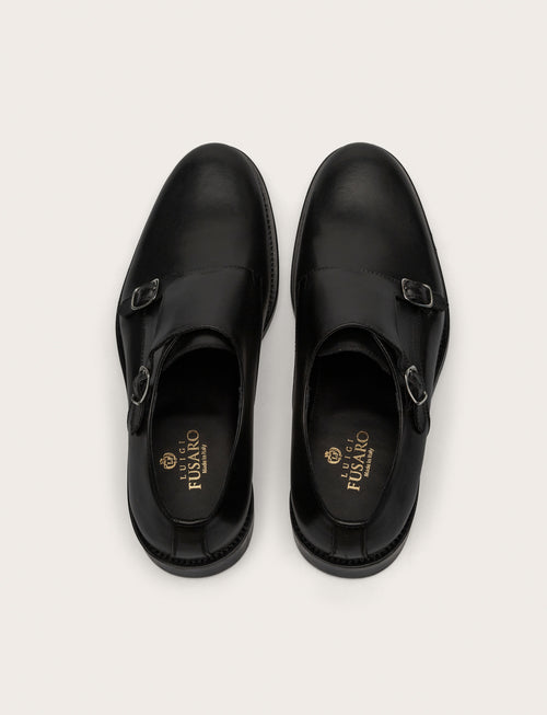 Scarpe doppia fibbia in pelle con tacco in cuoio