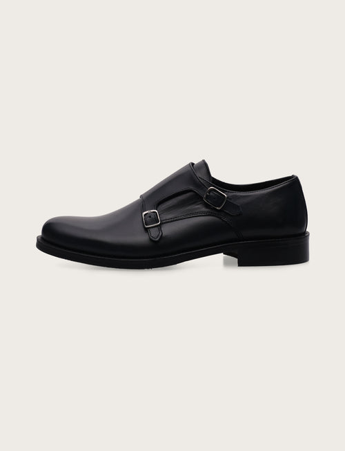 Scarpe doppia fibbia in pelle con tacco in cuoio