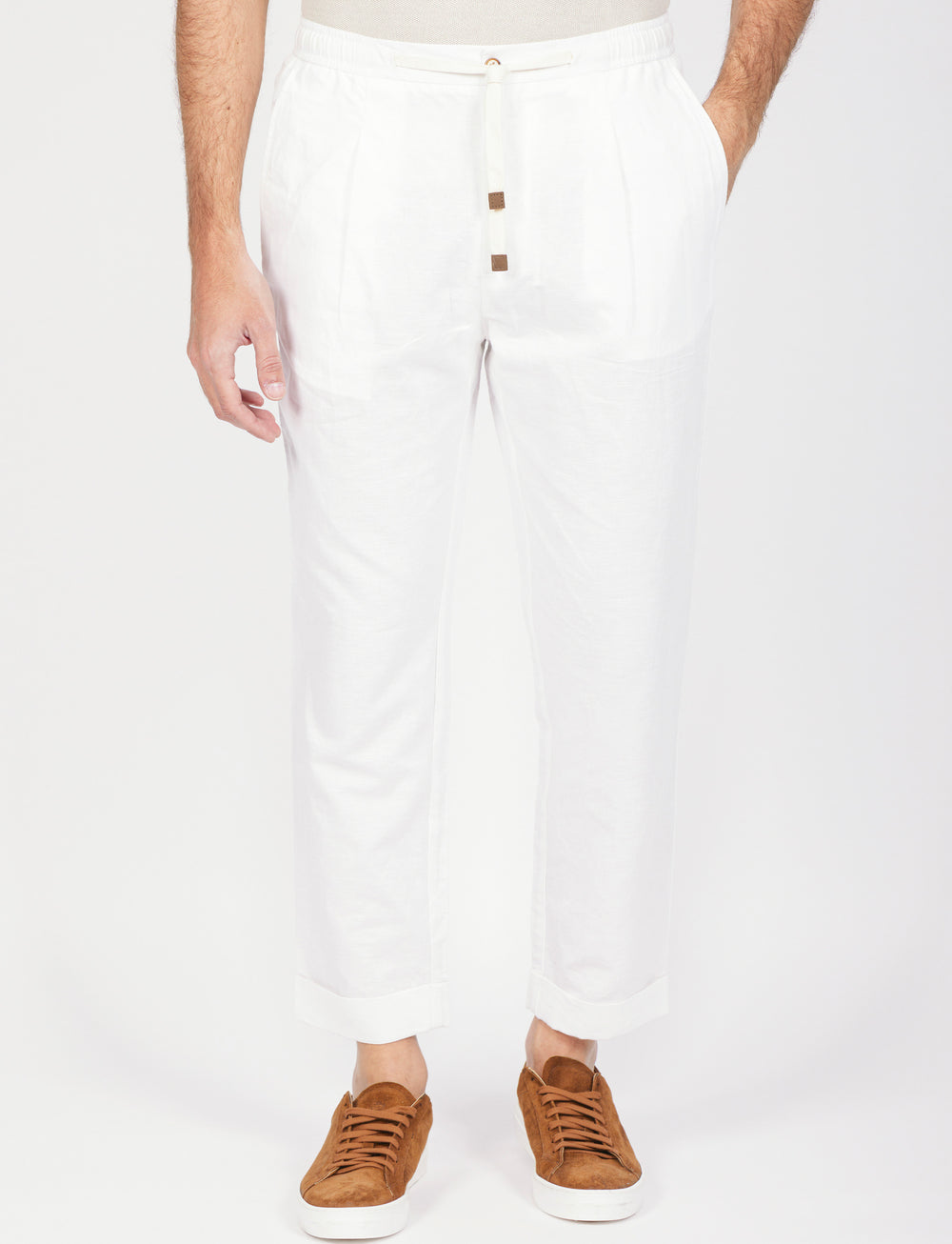 Linen and cotton trousers with fabric belt 