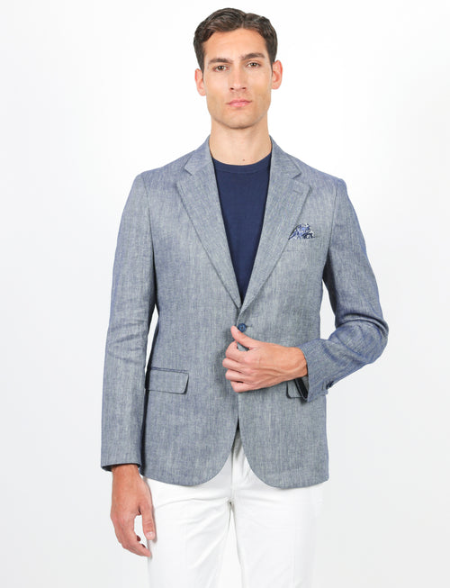 Giacca spigata in lino e cotone stretch