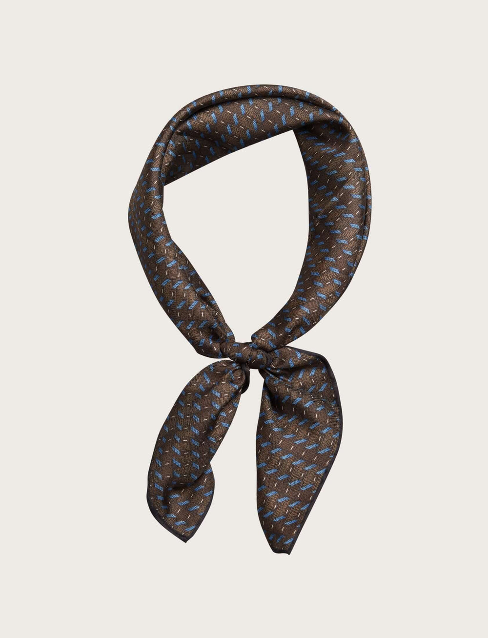 Dark brown silk scarf with light blue geometric pattern 