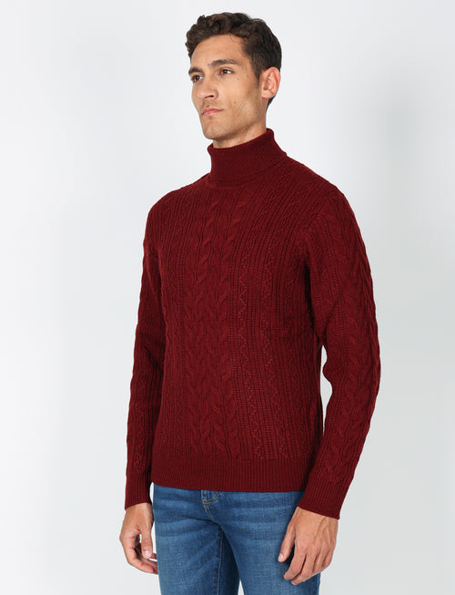 Maglia collo alto a trecce in misto lana
