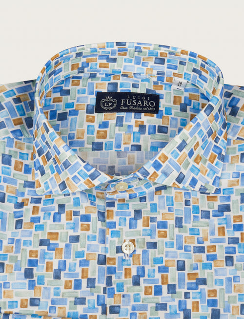 Stretch cotton shirt with multicolored geometric pattern 