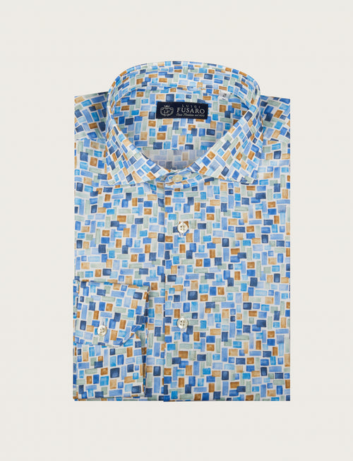 Stretch cotton shirt with multicolored geometric pattern 