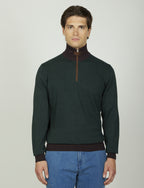 Maglia mezza zip in cotone e lana con dettagli in alcantara