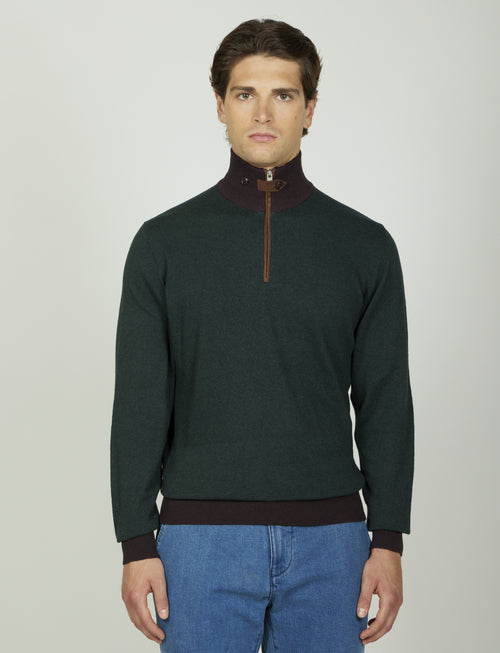 Maglia mezza zip in cotone e lana con dettagli in alcantara